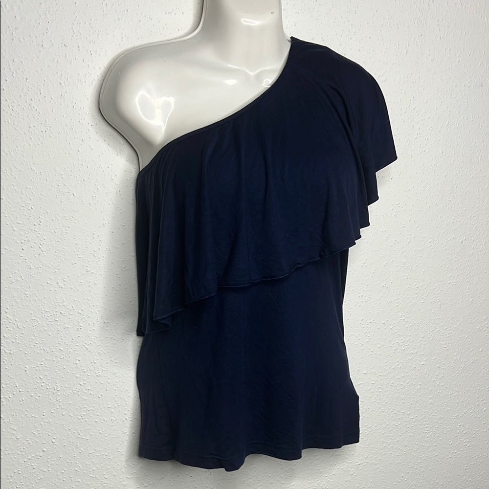 Chaps Blue Asymmetrical Ruffled Blouse